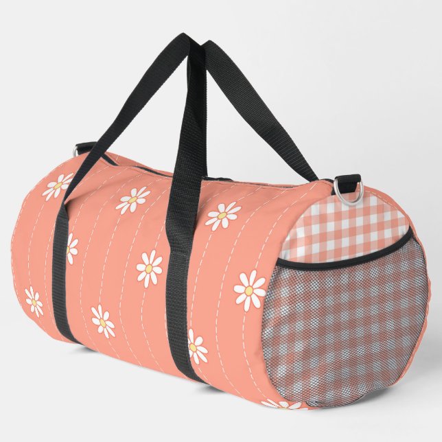 ORANGE WITH TINY WHITE DAISIES & PLAID PATTERN DUFFLE BAG (Right Corner)
