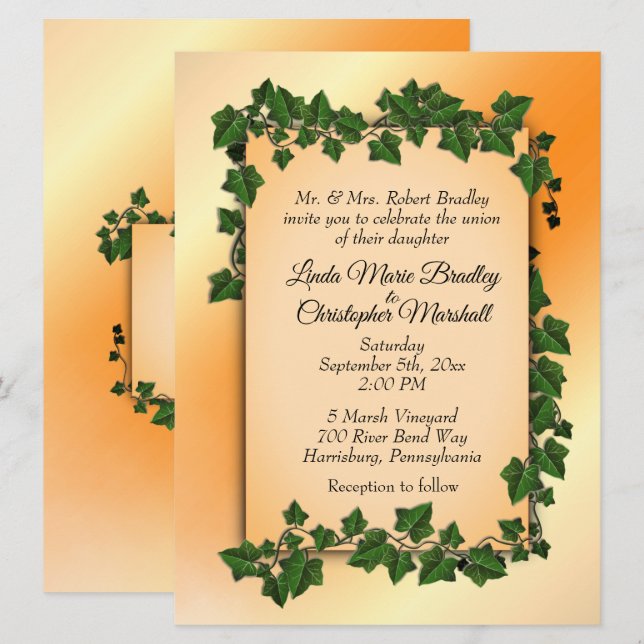 Orange with Vines Fall Wedding Invitation (Front/Back)