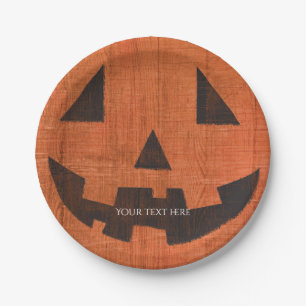 Orange Wooden Pumpkin Rustic Halloween Paper Plate