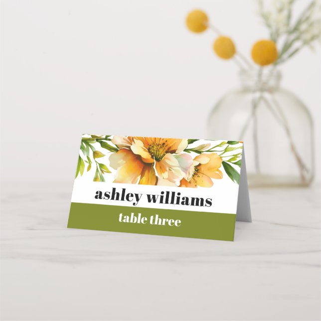 Orange yelllow rhododendron flowers wedding place card (Front)