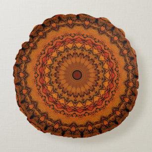 Orange, Yellow and Black Mandala Round Cushion
