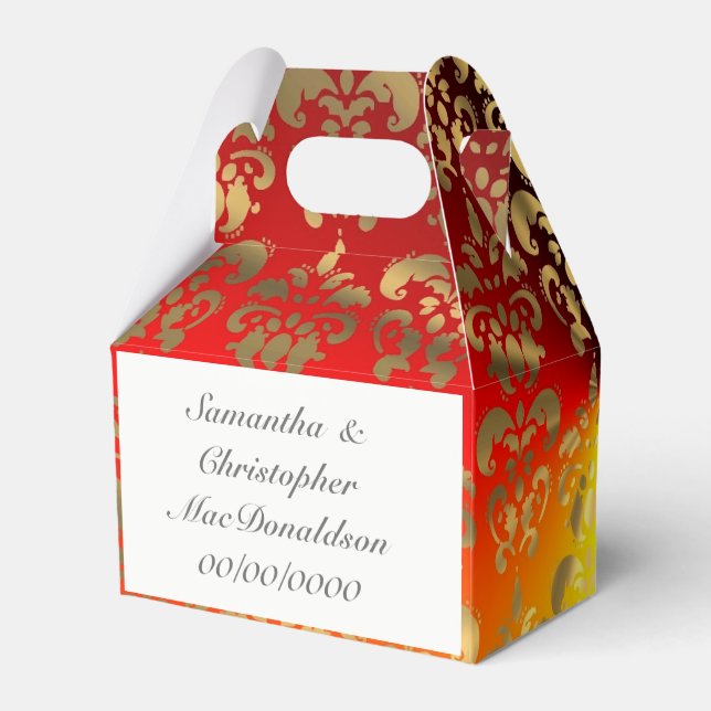 Orange yellow and gold damask wedding favour box (Back Side)