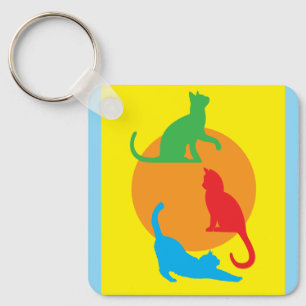 Orange & Yellow Art Keychain with Colorful Cats
