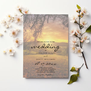 Orange yellow beautiful sunset countryside wedding invitation