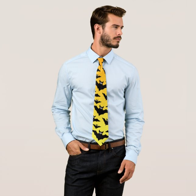 Orange yellow black bats Halloween pattern Tie (In Situ)