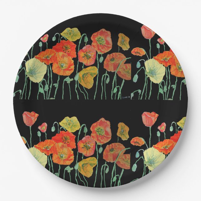 Orange Yellow Black Poppy Poppies Flower Floral Paper Plate (Front)