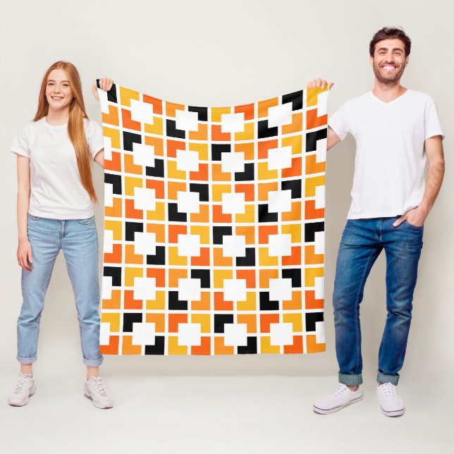 Orange Yellow Black Squares geometric pattern Fleece Blanket (In Situ)
