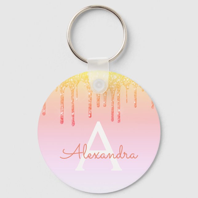 Orange Yellow Bling Sparkle Glitter Monogram Key Ring (Front)
