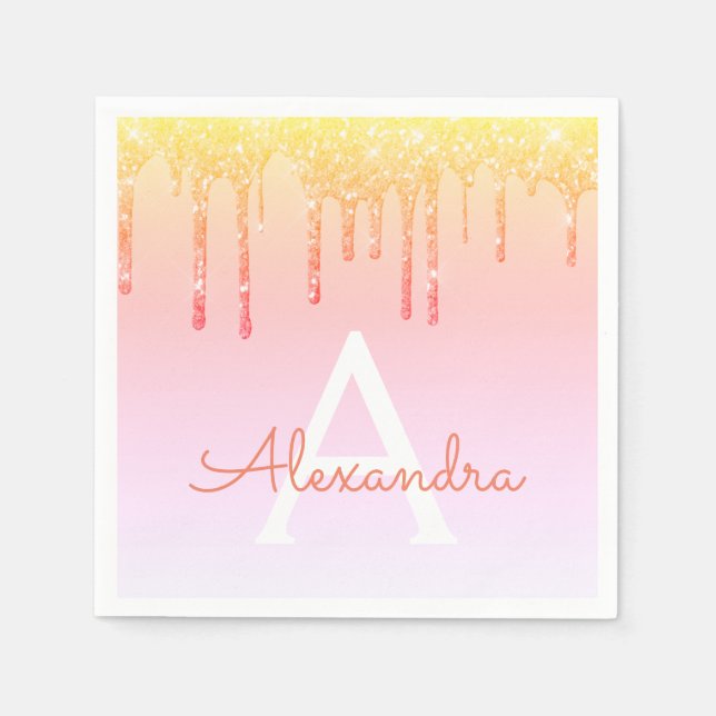 Orange Yellow Bling Sparkle Glitter Monogram Napkin (Front)