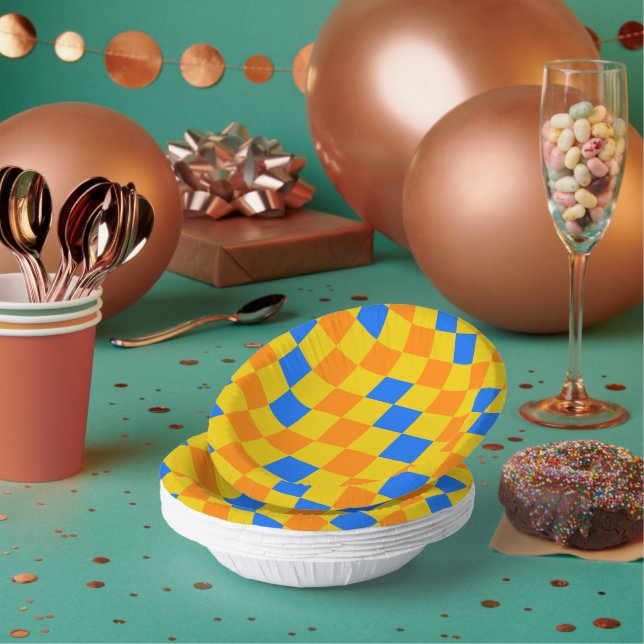 Orange Yellow Blue Chequered Pattern Design  Paper Plate (Multi)