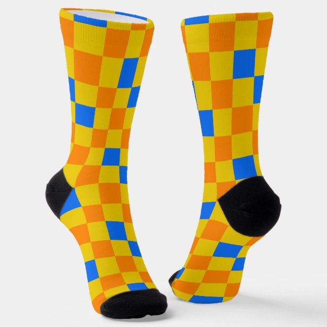 Orange Yellow Blue Chequered Pattern Design  Socks (Angled)