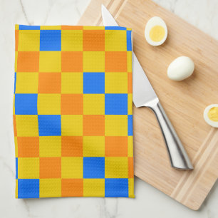 Orange Yellow Blue Chequered Pattern Design  Tea Towel