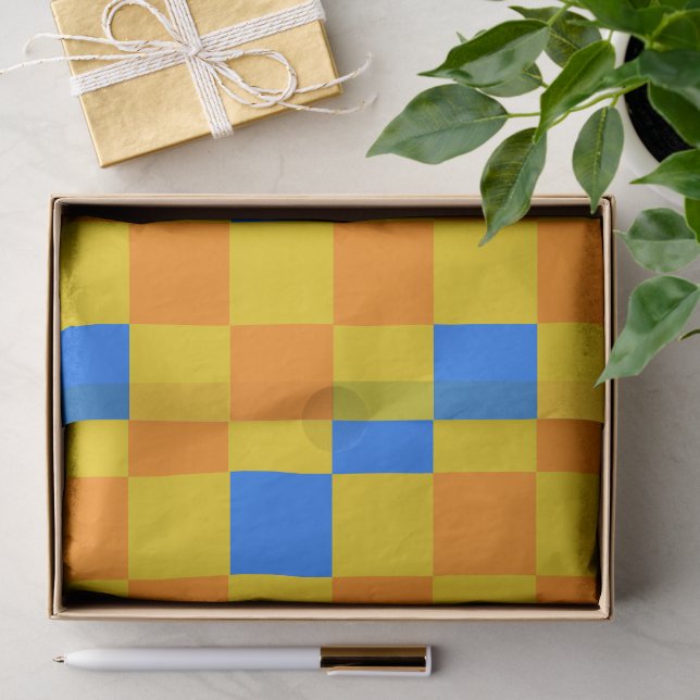 Orange Yellow Blue Chequered Pattern Design  Tissue Paper (Gift)