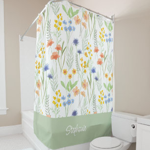 Orange Yellow Blue Watercolor Wildflower Monogram  Shower Curtain
