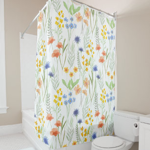 Orange Yellow Blue Watercolor Wildflower Shower Curtain