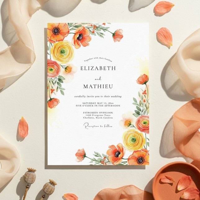 Orange Yellow Botanical Romance Wedding Invitation (Creator Uploaded)