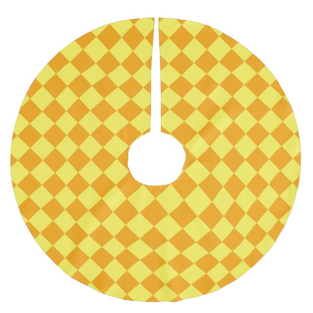 Orange Yellow Chequered Diamond Pattern Brushed Polyester Tree Skirt (Front)