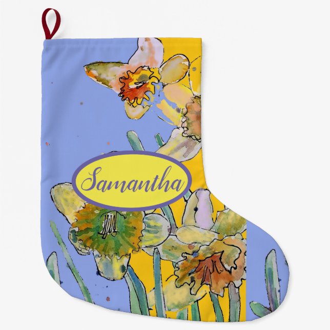 Orange Yellow Daffodil Floral Flowers Purple Lilac Large Christmas Stocking (Front)