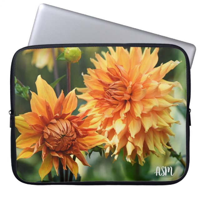 Orange & Yellow Dahlia Garden Flowers Monogram Laptop Sleeve (Front)