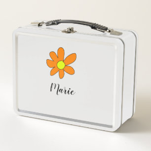 Orange yellow Daisy abstract add name text female Metal Lunch Box