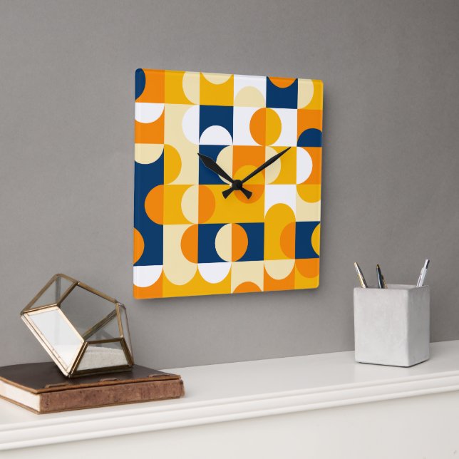 Orange Yellow Dark Navy Blue Retro Art Pattern Square Wall Clock (Office)