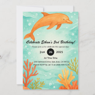 Orange-Yellow Dolphin & Coral Reef Birthday Invitation