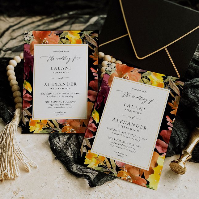 Orange & Yellow Fall Floral Wedding -3 Black Invitation (Creator Uploaded)