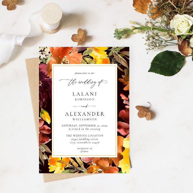 Orange & Yellow Fall Floral Wedding -3 Burgundy Invitation (Creator Uploaded)