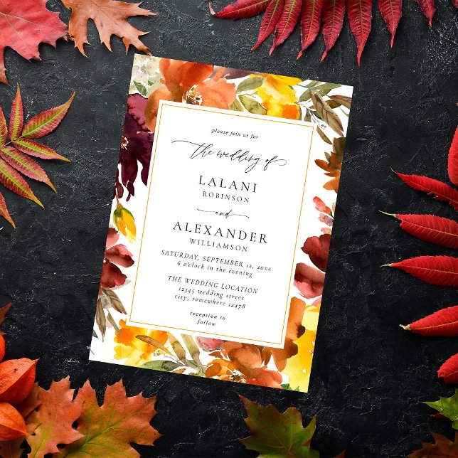 Orange & Yellow Fall Floral Wedding -3 White Invitation (Creator Uploaded)