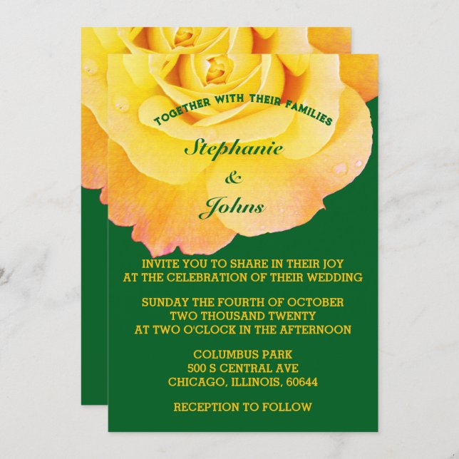 Orange Yellow Floral Forest Green Boho Wedding Invitation (Front/Back)