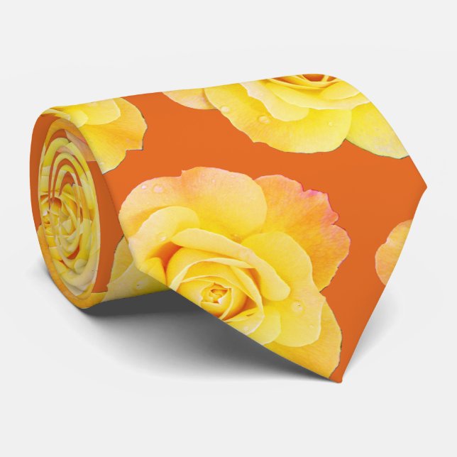 Orange Yellow Floral Rose Modern Stylish Gift Tie (Rolled)