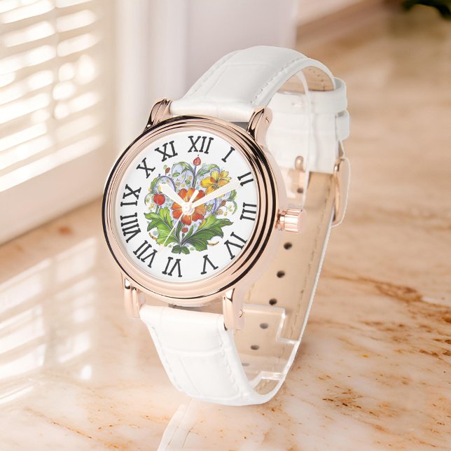 Orange Yellow Flower Bouquet Italian Deruta Motif Watch (Stylized Orange Yellow Flower Bouquet Italian Deruta Motif on marbled top)