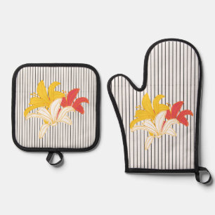 Orange Yellow Flowers Black White Stripes Oven Mitt & Pot Holder Set