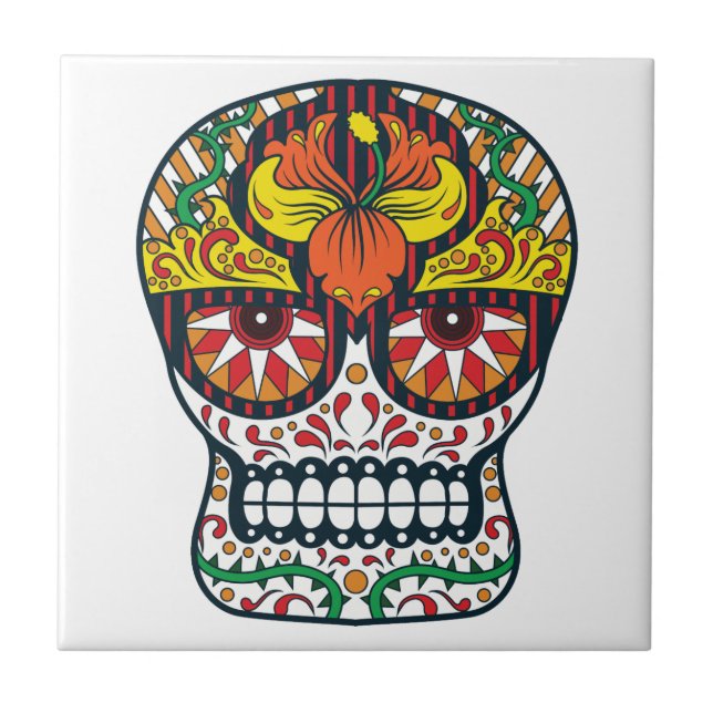 Orange Yellow Flowers Mexican Sugar Skull Tile (Front)