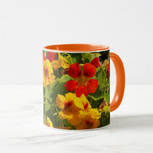 orange yellow flowers, nasturtiums, floral, garden mug