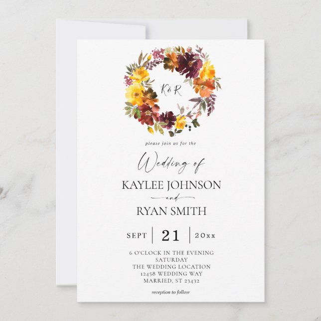 Orange & Yellow Gold Fall Floral 2 Wedding Invitat Invitation (Front)