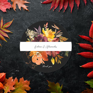 Orange & Yellow Gold Floral 2V2 Thank You - Black Classic Round Sticker