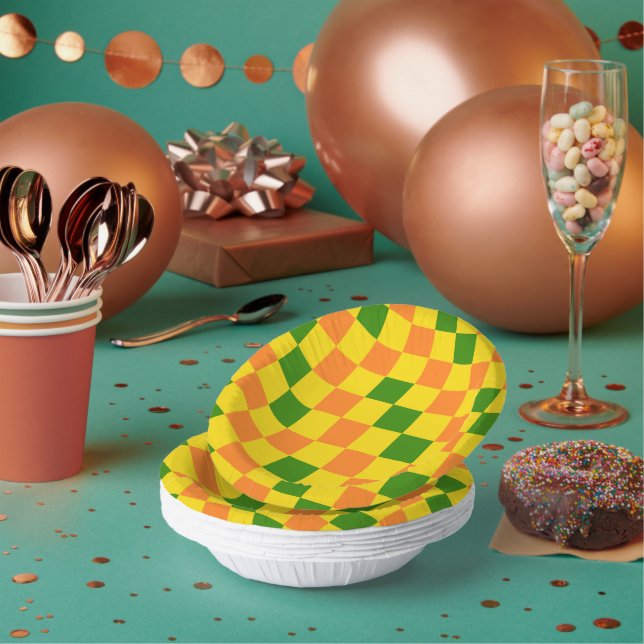 Orange Yellow Green Chequered Pattern Design  Paper Plate (Multi)