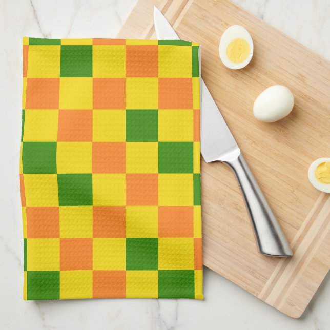 Orange Yellow Green Chequered Pattern Design  Tea Towel (Quarter Fold)