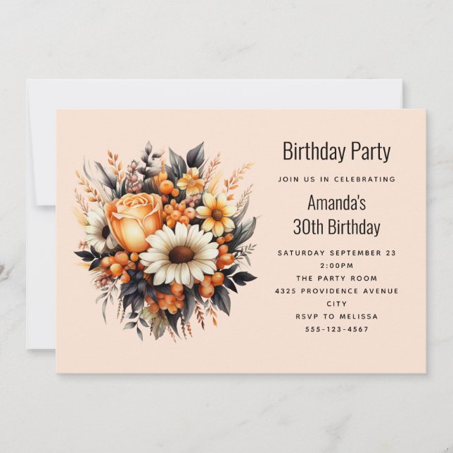 Orange Yellow Grey Flower Bouquet Birthday Invitation (Front)