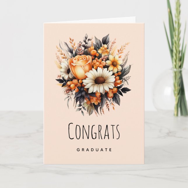 Orange Yellow Grey Flower Bouquet Graduation Card (Front)