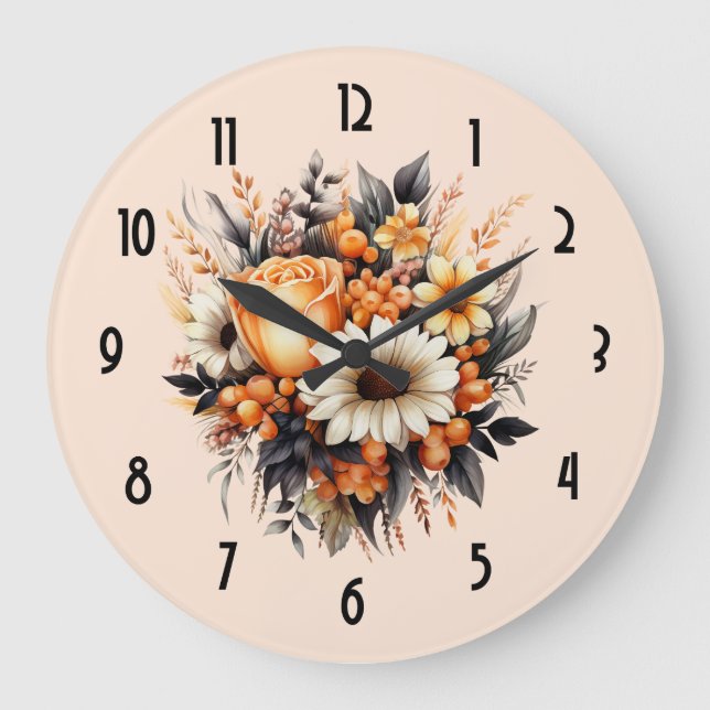 Orange Yellow Grey Flower Bouquet Large Clock (Front)