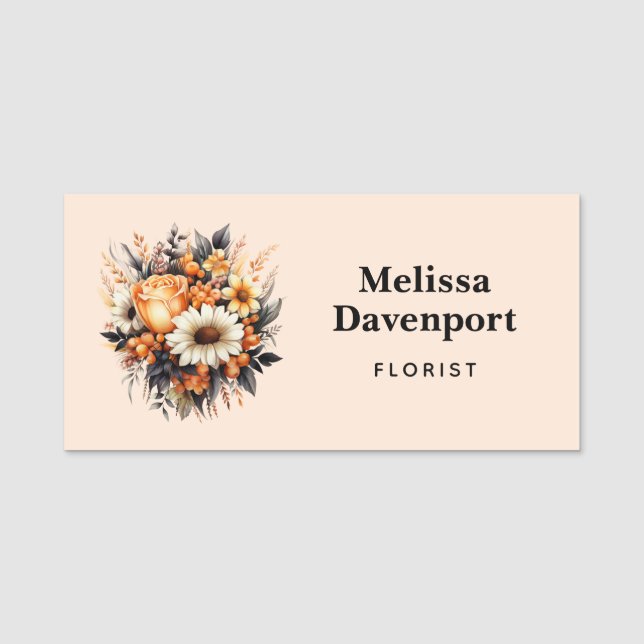 Orange Yellow Grey Flower Bouquet Name Tag (Front)