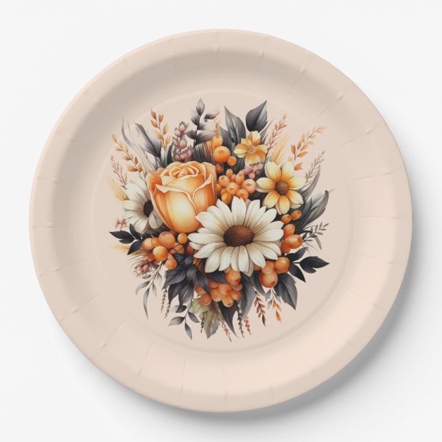 Orange Yellow Grey Flower Bouquet Paper Plate (Front)