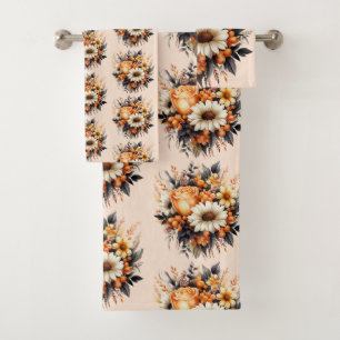 Orange Yellow Grey Flower Bouquet Pattern Bath Towel Set