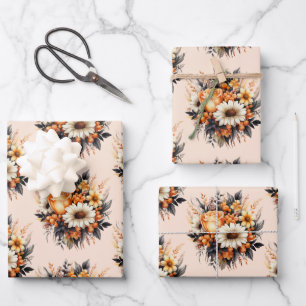  Orange Yellow Grey Flower Bouquet Pattern Wrapping Paper Sheet