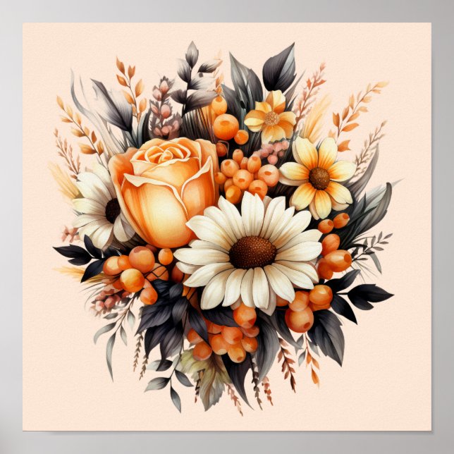Orange Yellow Grey Flower Bouquet Poster (Front)