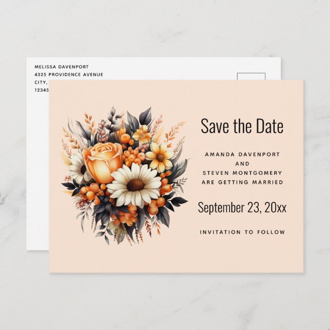 Orange Yellow Grey Flower Bouquet Save the Date Invitation Postcard (Front/Back)