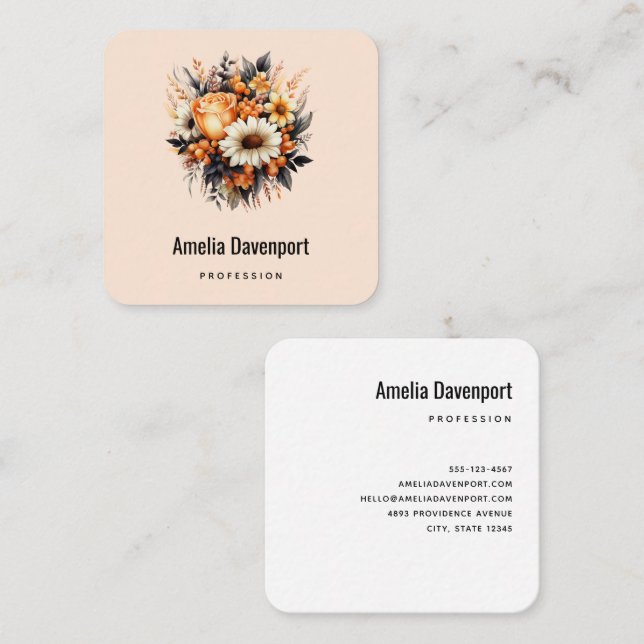 Orange Yellow Grey Flower Bouquet Square Business Card (Front/Back)
