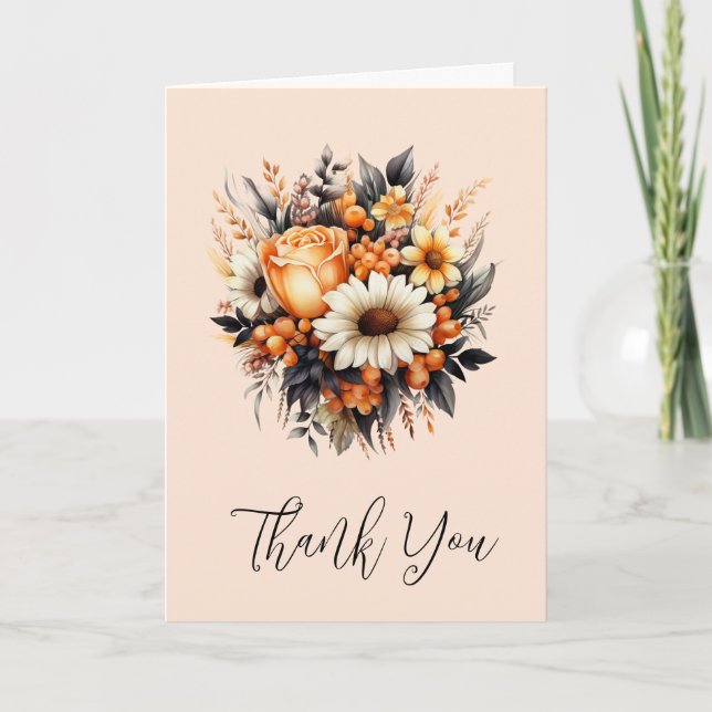 Orange Yellow Grey Flower Bouquet Thank You Card (Front)